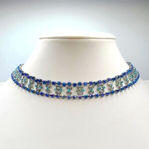 Vintage MCM rhinestone choker necklace,  blue, silvertone